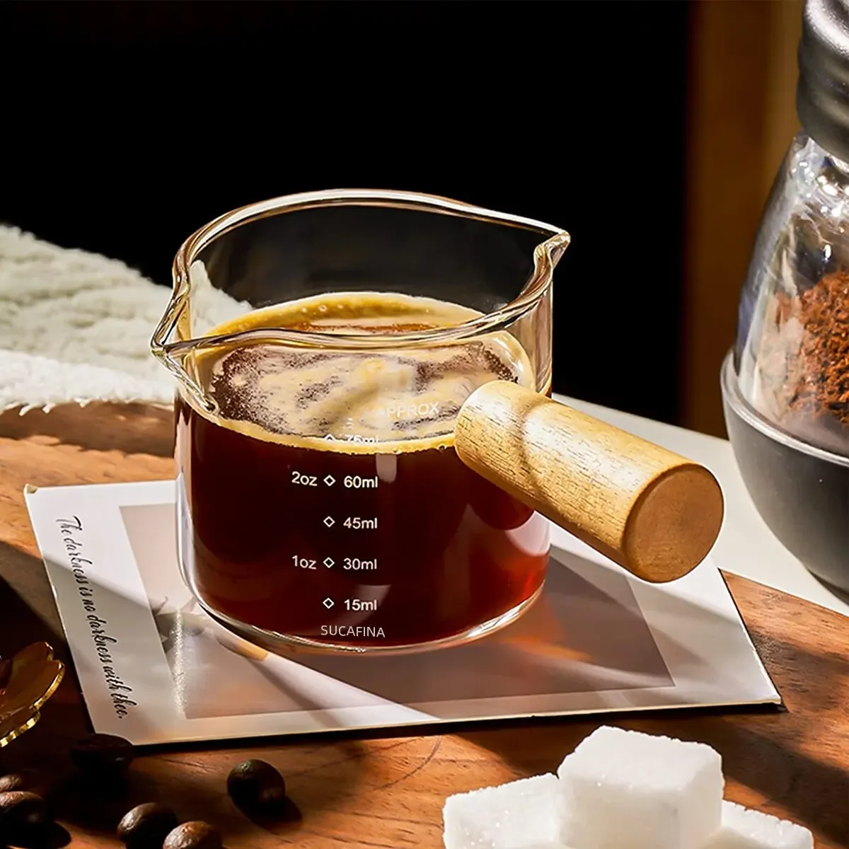 Glass Espresso Measuring Cup with Wooden Handle 1 Glass Espresso Measuring Cup with Wooden Handle